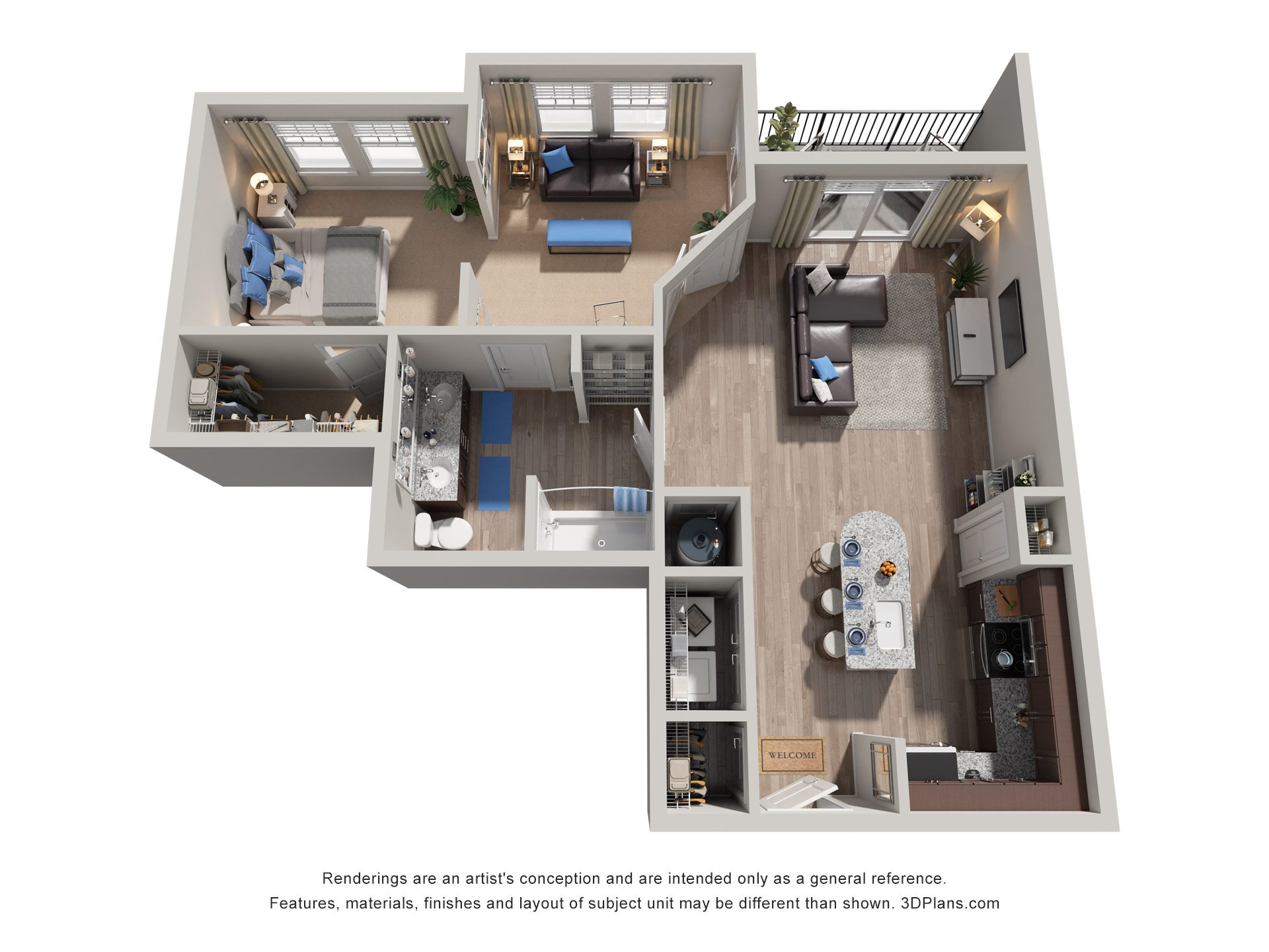 Floor plan for 1 bed, 1 bath, 900 sqft